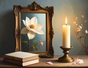 Elegant Bloom Reflected in Mirror Beside Candle on Rustic Desk