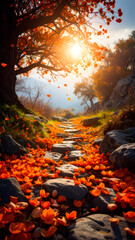Scattered Burnt Orange Petals on Dark Stones Under Low Sunlight