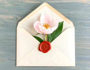 Delicate Blossom Tucked in Envelope with Wax Seal on Wooden Surface