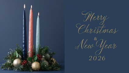 Three christmas candles lit with greenery and ornaments on a blue background with holiday greetings
