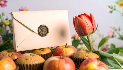 Elegant Envelope with Wax Seal Among Floral Arrangement and Treats