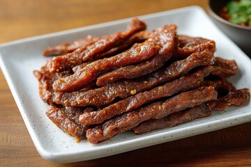Plate of spicy dried beef jerky strips stacked on a white rectangular dish with a wooden table background