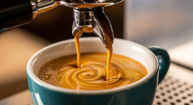 Coffee brewing - Espresso pouring into a ceramic mug, close-up shot.