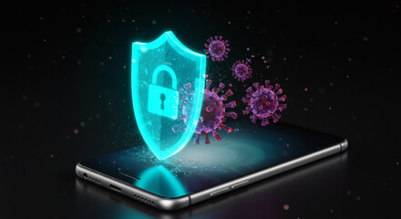 Mobile cybersecurity concept with a glowing digital shield protecting a smartphone from abstract virus attacks, symbolizing data protection and threat defense