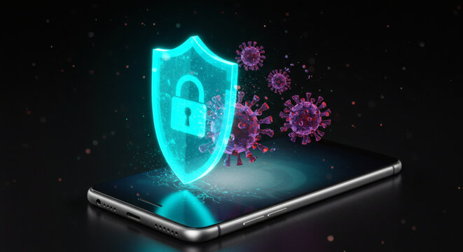 Mobile cybersecurity concept with a glowing digital shield protecting a smartphone from abstract virus attacks, symbolizing data protection and threat defense