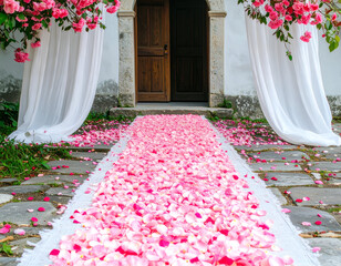 Floral Pathway of Petals Leading to a Charming Doorway