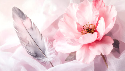 Soft Pink Bloom and Feather Gently Resting on Delicate Cloth