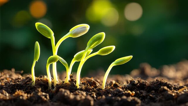 Young green sprout and seedling growth from rich soil with fresh sunlight, symbolizing new life, agriculture, and natures vibrant young plant development in natural environment