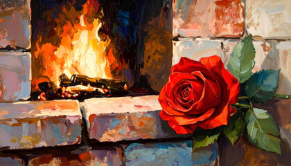 Warmed Red Flower Beside Hearth with Flames and Brick Background
