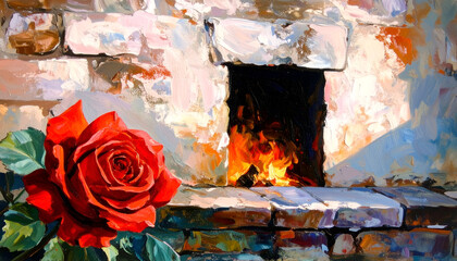 Bright Red Rose Beside Warm Hearth with Flickering Firelight
