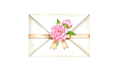 Elegant Paper Envelope with Pink Flowers and Ribbons on White Background