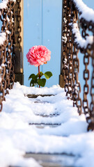 Blooming Flower on a Snow Dust Covered Doorstep in Winter Scene