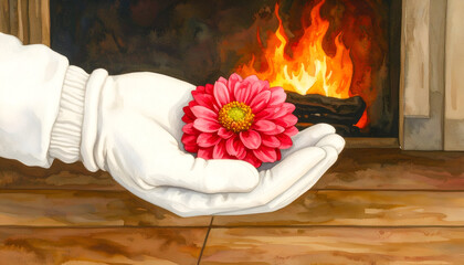 Hand Holding Flower Above Fire in Cozy Setting Under Glove