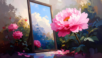 Elegant Bloom Behind a Tilted Mirror with Soft Reflections