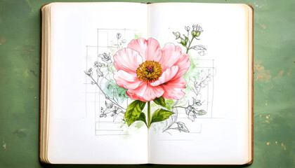 Beautiful Bloom Sketch in Open Sketchbook with Floral Illustrations