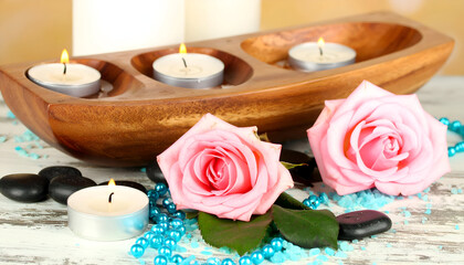 Relaxing Candle Display with Pink Roses and Wooden Tray Arrangement
