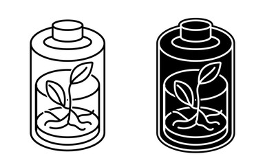 Bio-Energy Battery – transparent battery with plant roots and glowing liquid cells inside.