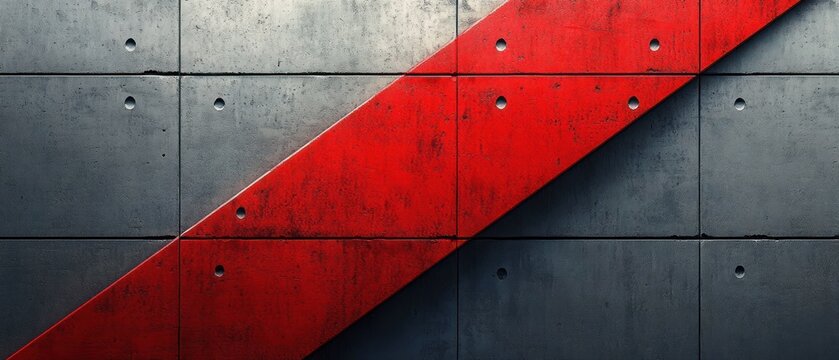Concrete wall panels with a bold red diagonal stripe creating a strong geometric and industrial design