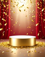 Gold podium with red curtains and confetti