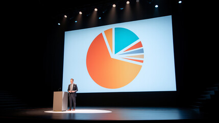 Business presentation stage with massive pie chart projected on LED screen