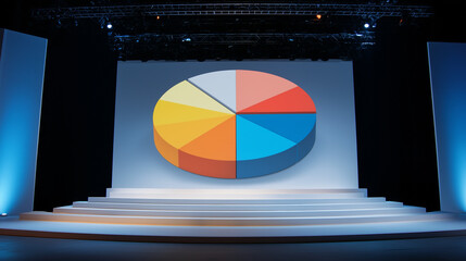 Business presentation stage with massive pie chart projected on LED screen