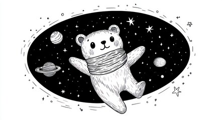 A joyful teddy bear wearing a scarf floating in outer space surrounded by stars and planets with a playful and whimsical mood