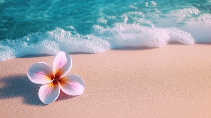 Fototapeta premium Single pink and white tropical flower resting on smooth sandy beach with gentle ocean foam waves in soft sunlight