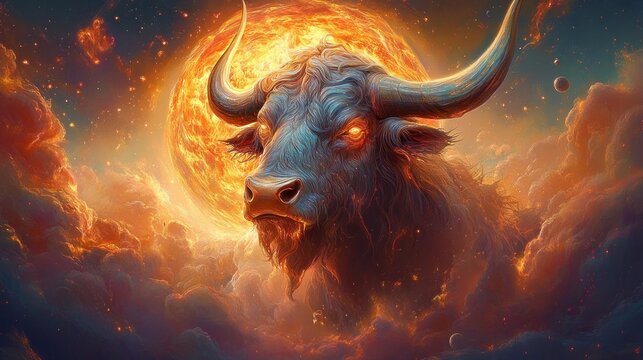 Majestic bull emerging from fiery clouds with glowing eyes against a radiant sun in a cosmic sky - Powered by Adobe