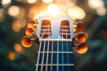 Close-up view of an acoustic guitar headstock with tuning pegs glowing in warm sunset light creating a peaceful and nostalgic atmosphere