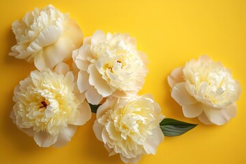 Soft creamy white peony flowers arranged on a bright yellow background evoking freshness and delicate natural beauty