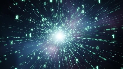 Futuristic digital data stream tunnel with glowing binary code and light burst, representing modern technology and global connectivity - Powered by Adobe
