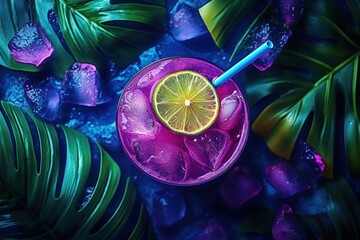 Top view of a vibrant purple iced drink garnished with a fresh lime slice and a blue straw surrounded by large green tropical leaves and scattered ice cubes on a blue surface