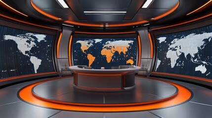 High-tech futuristic news studio with curved digital world maps on multiple screens and illuminated orange accents creating an intense modern atmosphere