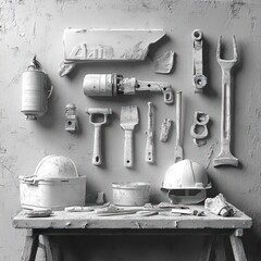 Collection of various construction and hand tools including helmet, paintbrushes, wrenches, drill, and fire extinguisher covered in white dust against a textured wall