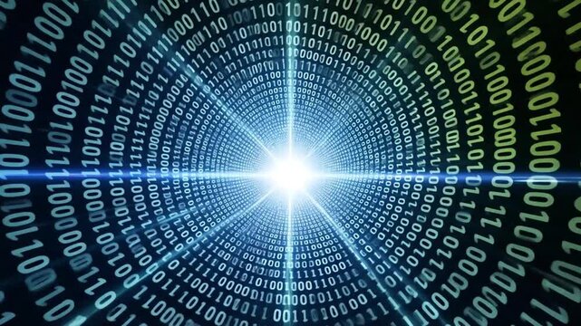 Abstract background of a futuristic data stream flowing through a binary code tunnel