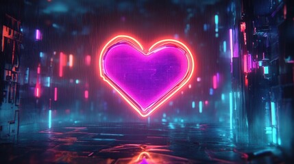 glowing neon purple heart suspended in rainy futuristic cityscape with vibrant lights and reflections on wet pavement