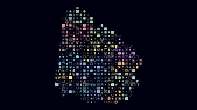 Uruguay animated country shape. Pulsating colored dots on the map of the country. Large size rounded square blocks. Digital style Uruguay map on dark background. Plain animation video.