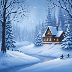 Naklejka premium Cozy Winter Cabin in Snowy Forest with Warm Windows and Smoking Chimney at Christmas holiday 