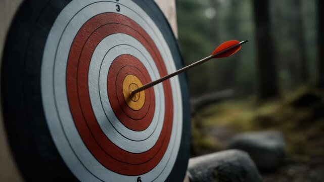 Archery target with arrow hitting bullseye in outdoor forest sport setting showcasing accuracy precision and successful shot in natural wood environment for competition aim