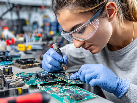 Woman Repairs Circuit Boards in a Lab While Wearing Safety Glasses and Gloves During a Well-Lit Afternoon