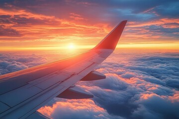 Obraz premium View of an airplane wing flying above a sea of clouds during a vibrant orange and purple sunset