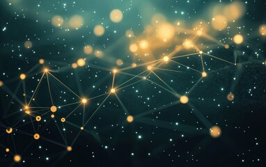 Abstract network of glowing orange nodes connected by lines with floating light particles on a dark background conveying a futuristic or digital connection concept