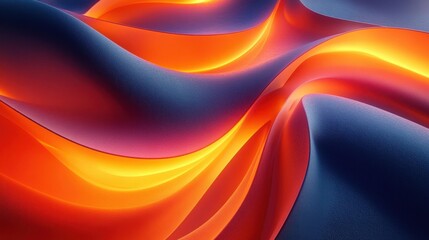 Smooth flowing abstract waves with glowing orange and yellow light blending into dark blue curved surfaces creating a dynamic and vibrant texture