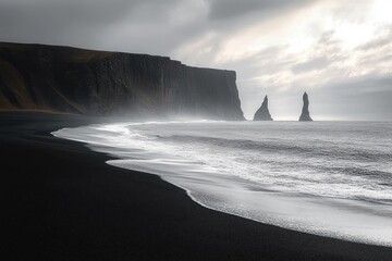 Moody black sand beach with crashing waves and dramatic sea stacks under an overcast sky