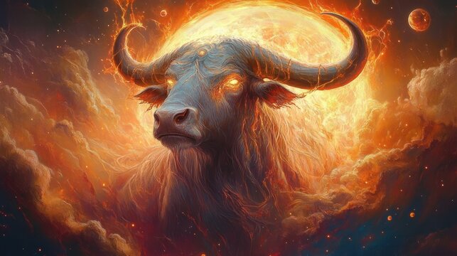 Powerful buffalo with glowing eyes and majestic curved horns emerging from fiery cosmic clouds under a glowing sun and distant planets