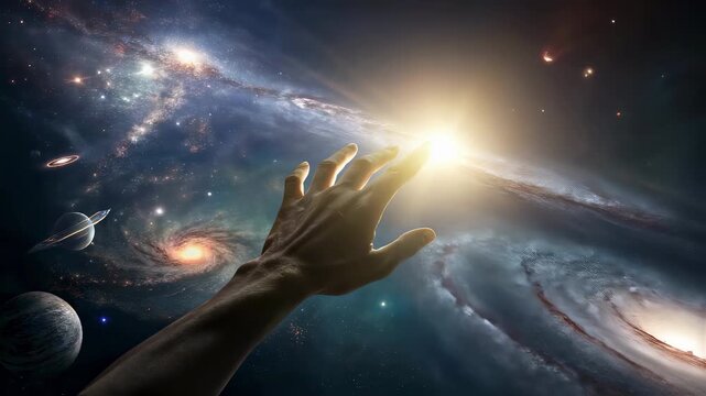 An epic scene of divine creation: a hand creating stars, planets and galaxies