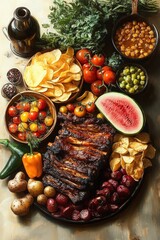 A rustic spread featuring grilled ribs, sliced watermelon, cherry tomatoes, various peppers, chips, small potatoes, green peas, and a dark bottle on a wooden table