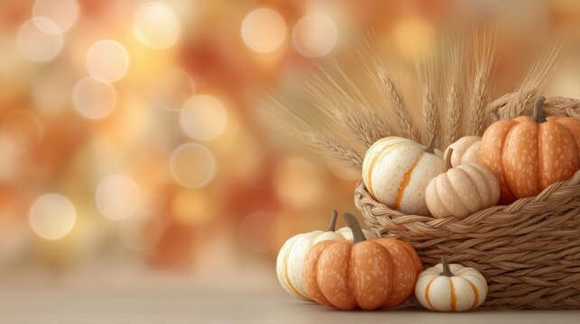 Thanksgiving cornucopia overflowing with pumpkins, gourds, and wheat stalks, set against muted fall foliage in soft bokeh background, elegant harvest theme, abundance, gratitude, seasonal tradition