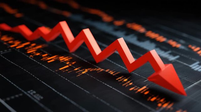 Red downward arrow on digital financial chart showing decline and loss, symbolizing economic market drop with sharp zigzag line and dramatic lighting, highlighting financial downturn and crash
