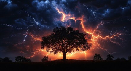 Silhouetted lone tree under dramatic stormy sky illuminated by vivid orange and blue lightning bolts, conveying a powerful and intense natural scene